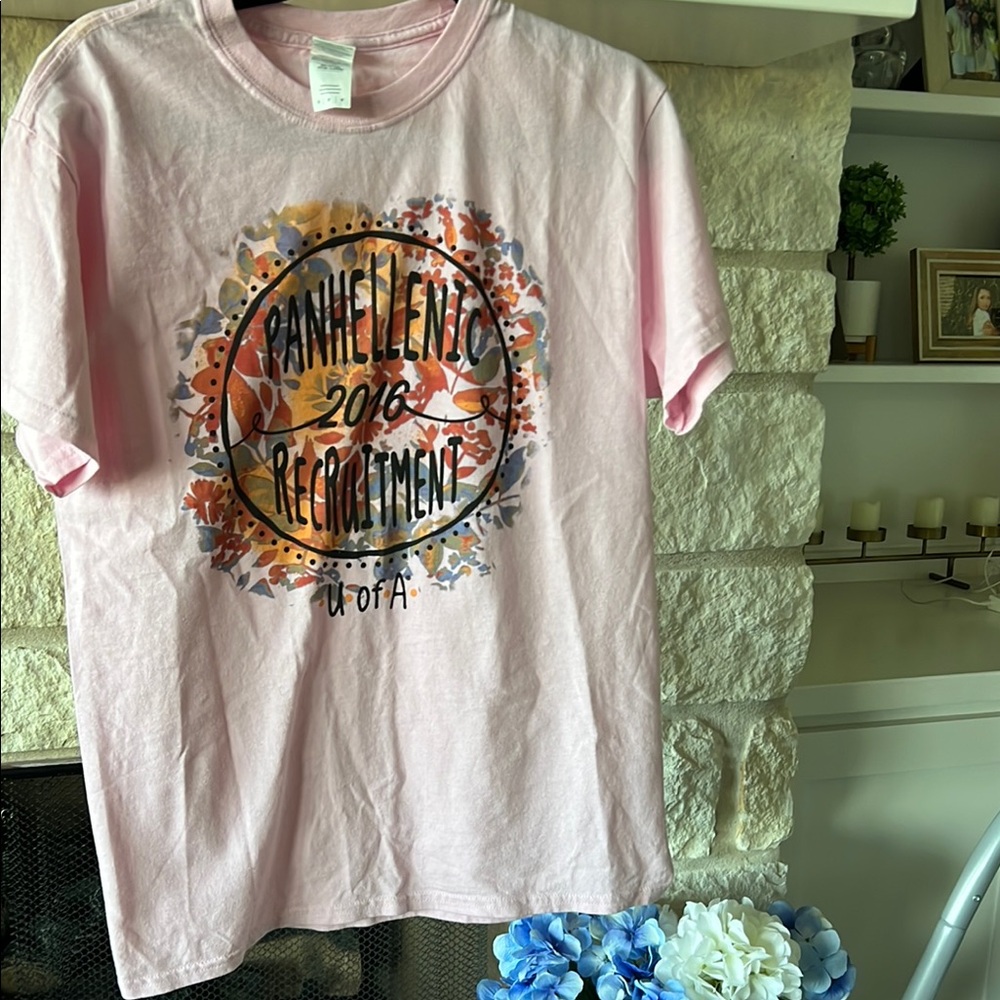 Pink Short Sleeve Tee with Circular Graphic Design Arkansas Panhellenic sorority
